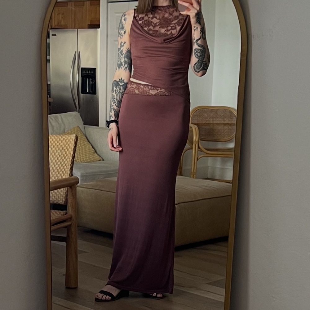 Lace-Inset Mauve Maxi Dress